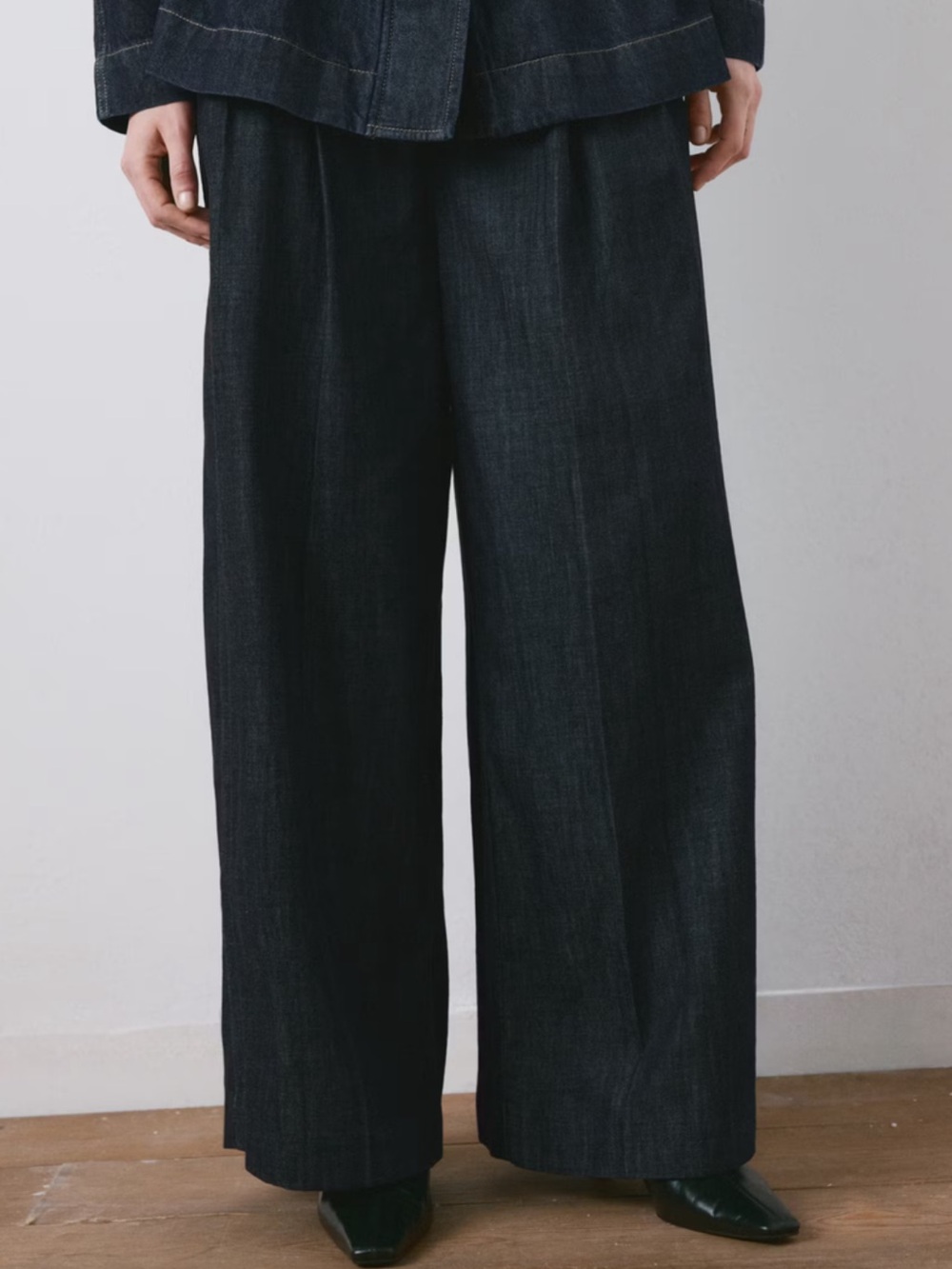 Mango Wide Leg Denim Pants - Dark Indigo with Tan Stitching WIDE LEG DENIM TROUS